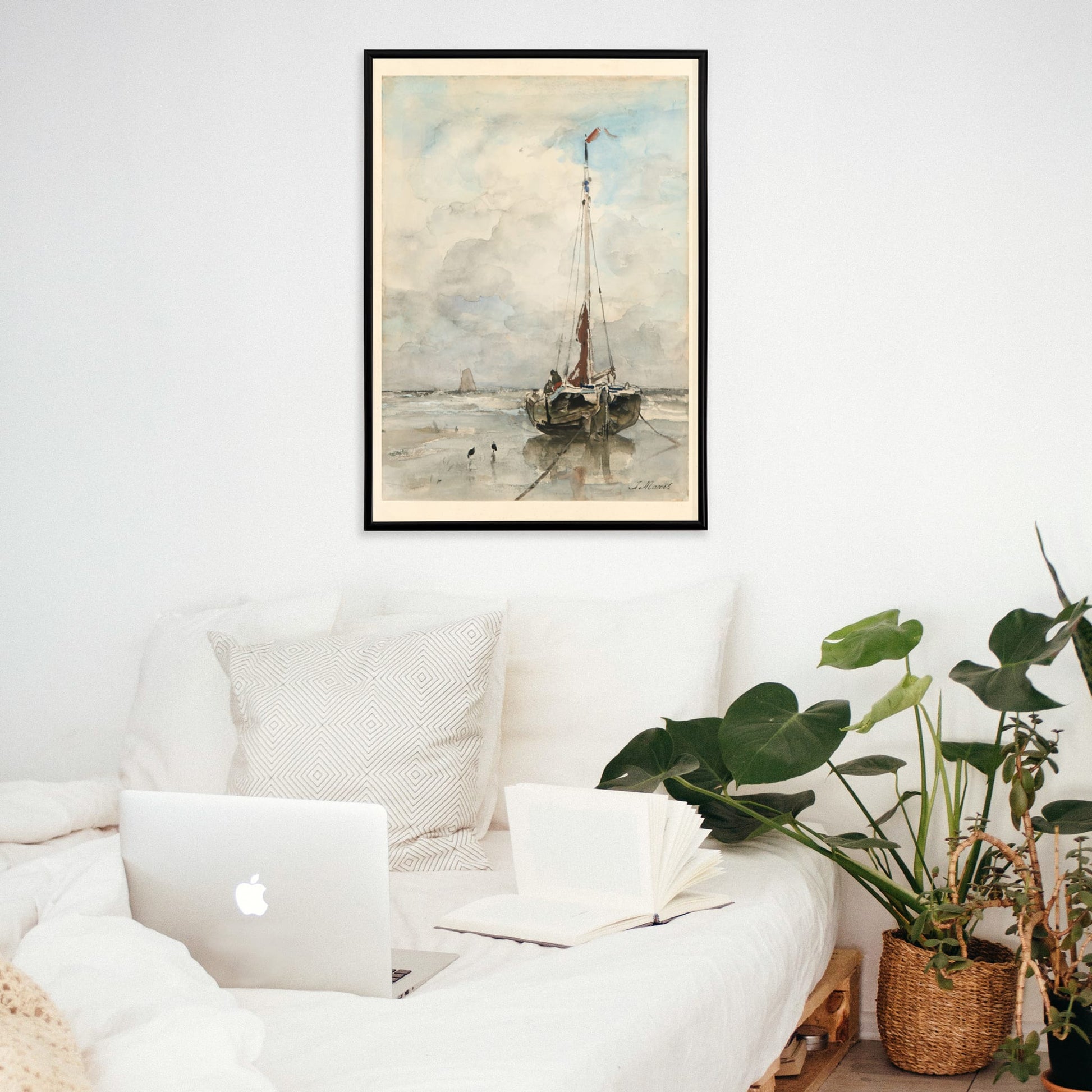 Sail boat on sandy beach under cloudy sky artwork by Jacob Maris poster inspired by Sail boat on the beach, framed and displayed in home decor