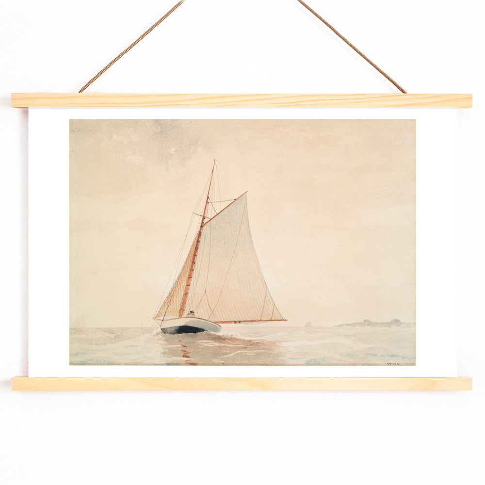 Sailboat on calm water under light sky Sailing off Gloucester by Winslow Homer wall art poster decor, with wooden magnetic frame on white background