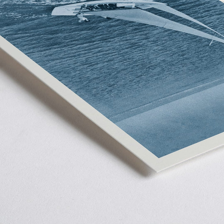Closeup detail of Vintage poster Coffee Shop Hotel Syracuse with sailboat on Nantucket Sound blue-toned photo by Geo I Wilcox