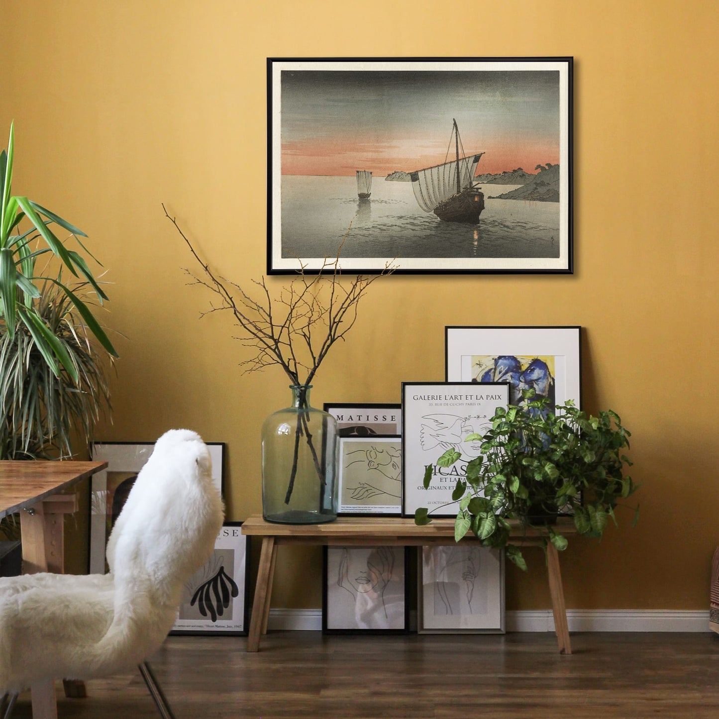 Two sailing ships at sunset along the coast by Yoshimune Utagawa with boats on calm waters near rocky shore poster artwork, framed and displayed in home decor