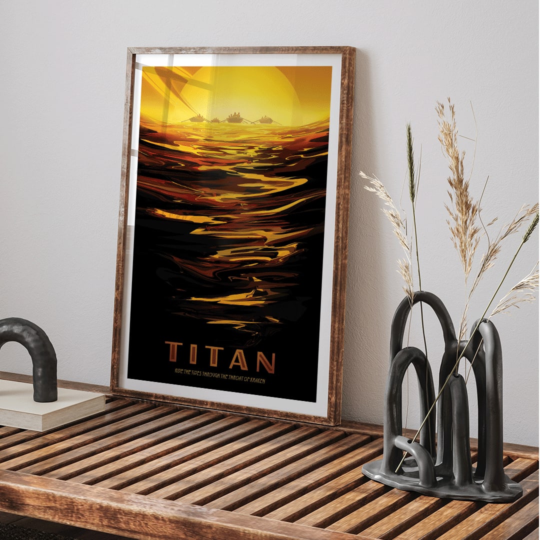 Futuristic boats on golden waves with Saturn in the background at sunset inspired by Titan Ride the tides through the throat of Kraken by NASA, framed and displayed in home decor