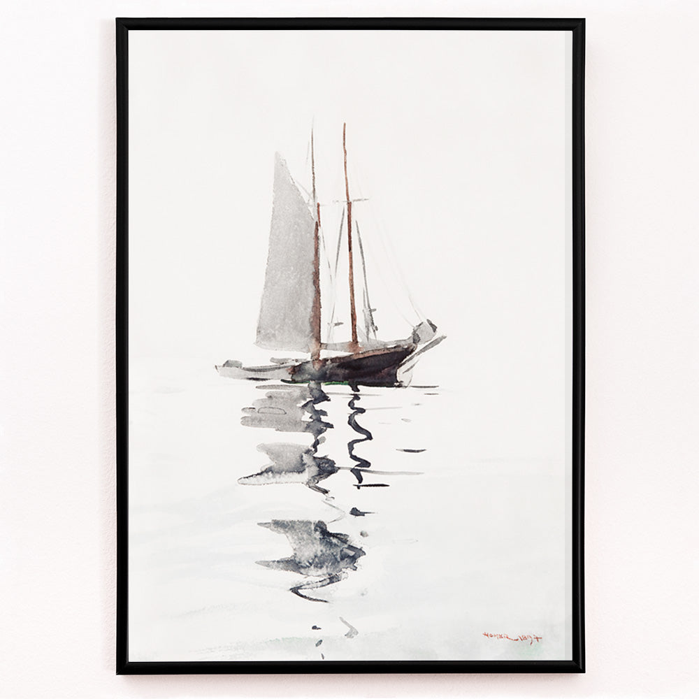 Closeup detail of Watercolor painting and poster of a two masted schooner with dory on calm water in watercolor style by Winslow Homer