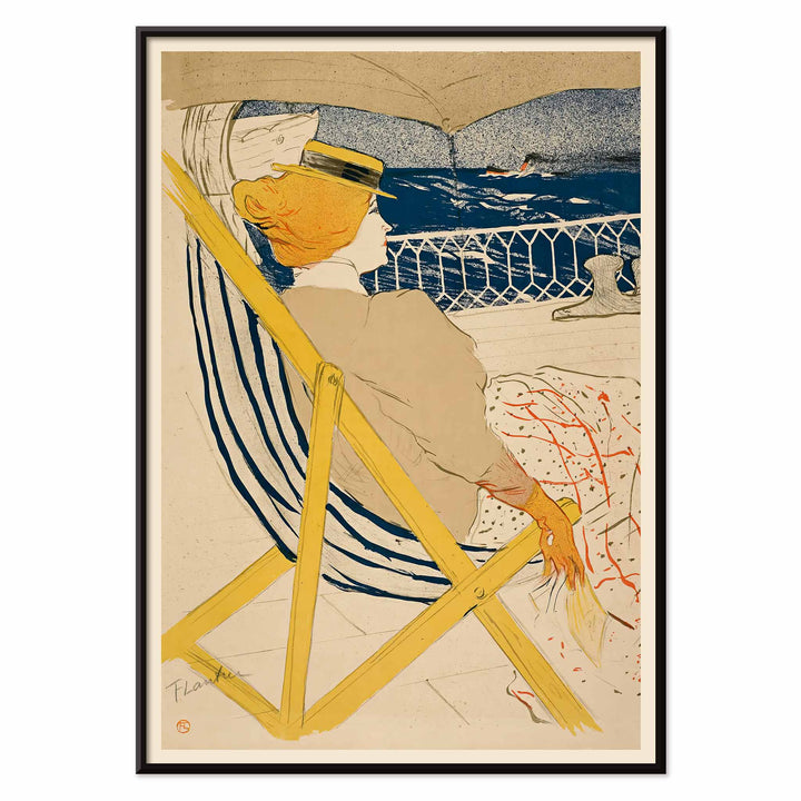 Henri de Toulouse-Lautrec La passagère du 54 poster with seated woman on deck blue sea striped chair and yellow accents, with black aluminium frame on white background