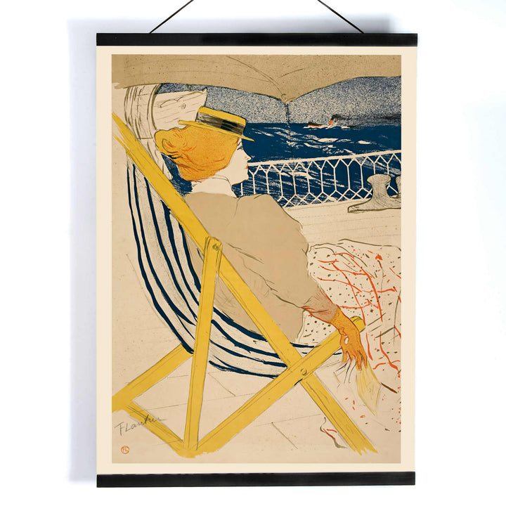 Henri de Toulouse-Lautrec La passagère du 54 poster with seated woman on deck blue sea striped chair and yellow accents, with wooden magnetic frame on white background