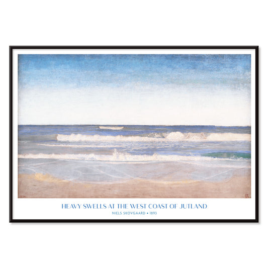 Ocean waves crashing on sandy shore painting and poster by Niels Skovgaard Heavy Swells at the West Coast of Jutland, with black aluminium frame on white background