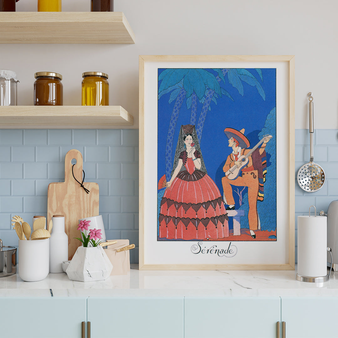 Serenade by George Barbier man playing guitar for woman in elegant or Spanish dress under palm trees romantic art poster, framed and displayed in home decor