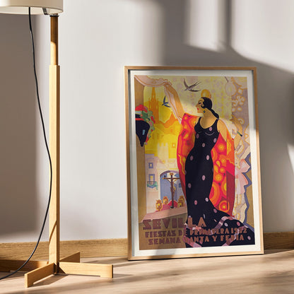 Sevilla Fiestas de primavera poster by Balaca y Orejas-Canseco featuring a colorful flamenco dancer in a vibrant dress with cityscape and birds in the background, framed and displayed in home decor