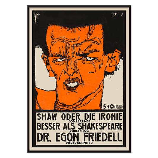 Colorful abstract portrait poster by Egon Schiele titled Shaw or Irony Lecture by Egon Friedell with bold colors and text, with black aluminium frame on white background