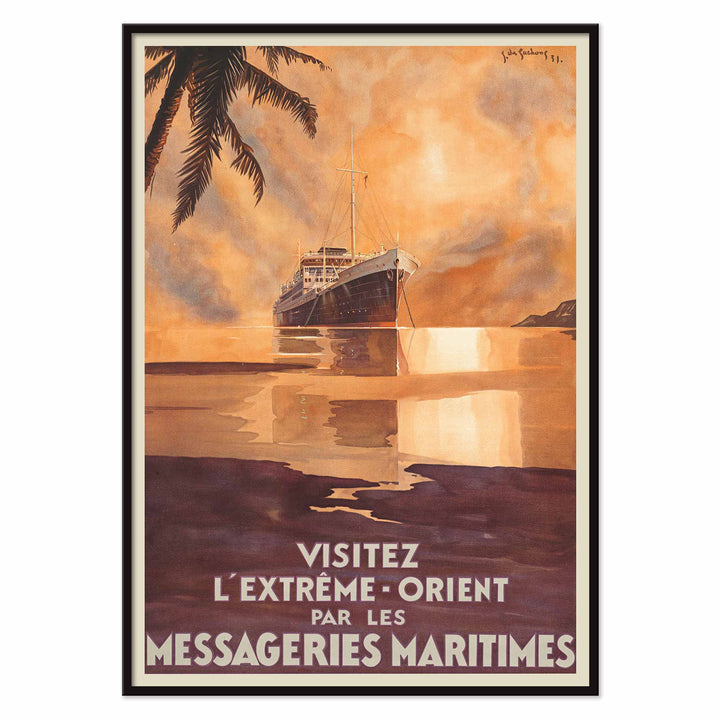 Visit the Far East by Messageries Maritimes poster with ship on calm water at sunset, palm silhouettes, maritime travel style, with black aluminium frame on white background