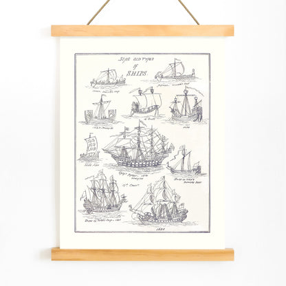 Historic ship illustrations and detailed pen sketches from Sea Pictures drawn with pen and pencil by James Macaulay, with wooden magnetic frame on white background