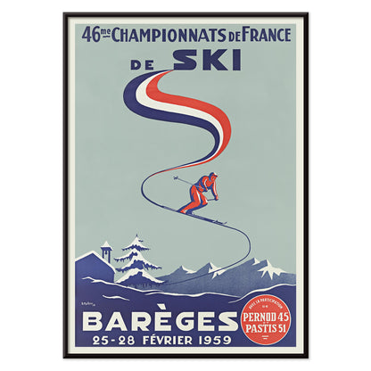 H. Mathieu French Ski Championships poster for Barèges with alpine skier, blue slopes, red and white ribbon graphics, snowy mountains, with black aluminium frame on white background