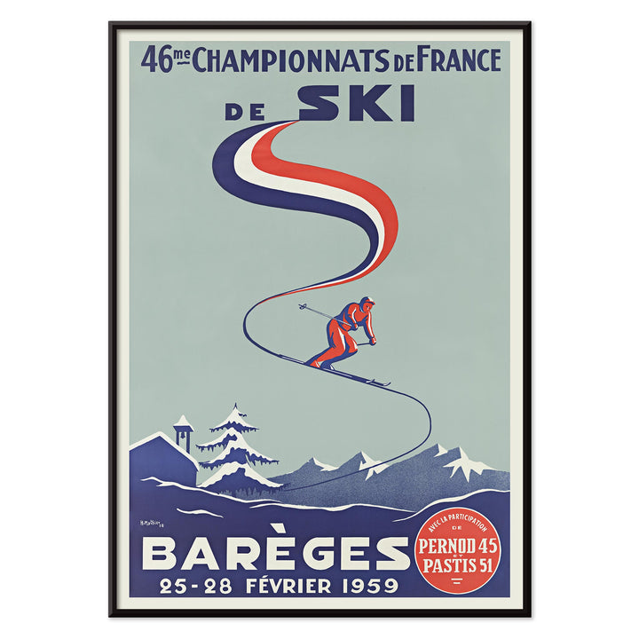 H. Mathieu French Ski Championships poster for Barèges with alpine skier, blue slopes, red and white ribbon graphics, snowy mountains, with black aluminium frame on white background