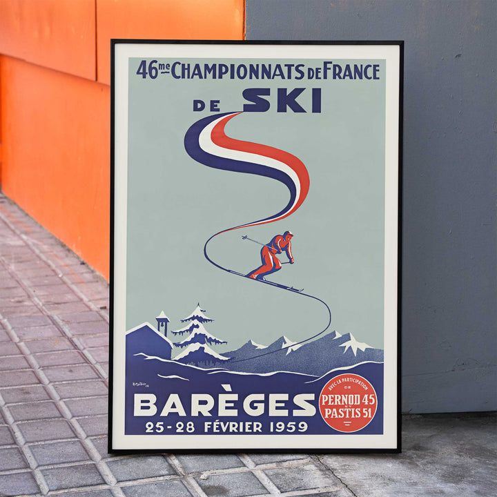 H. Mathieu French Ski Championships poster for Barèges with alpine skier, blue slopes, red and white ribbon graphics, snowy mountains, framed and displayed in modern living room decor