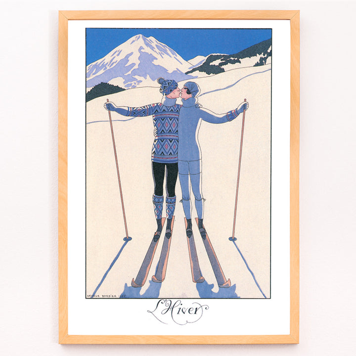 Closeup detail of Two skiers kissing in snowy mountain landscape L Hiver by George Barbier vintage poster artwork