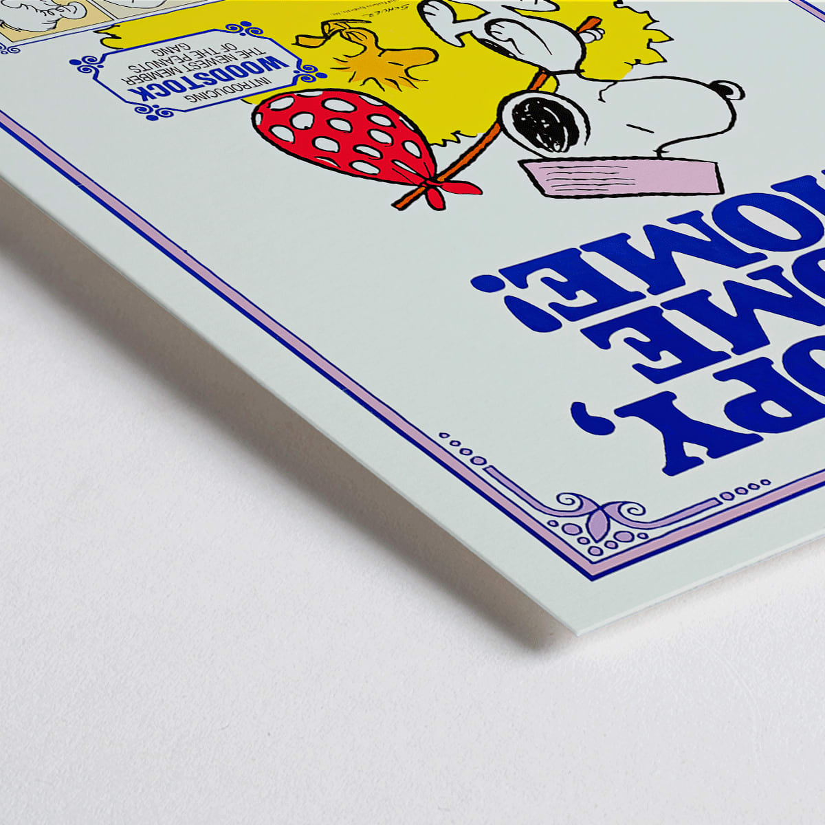 Closeup detail of Snoopy Come Home movie poster by Charles Schulz featuring Snoopy Woodstock Lucy and Charlie Brown in colorful Peanuts illustration