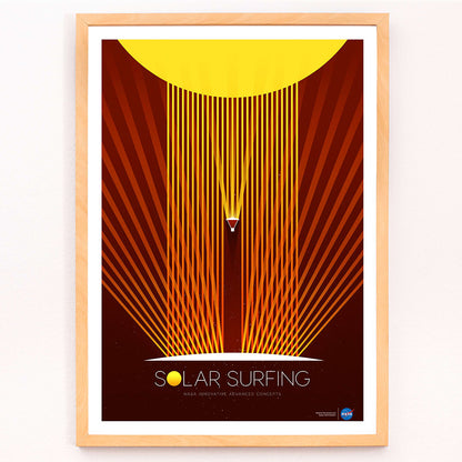 Solar Surfing by NASA poster featuring a stylized spacecraft surfing solar flares from a bright yellow sun with orange rays and geometric design, framed and displayed in modern living room decor