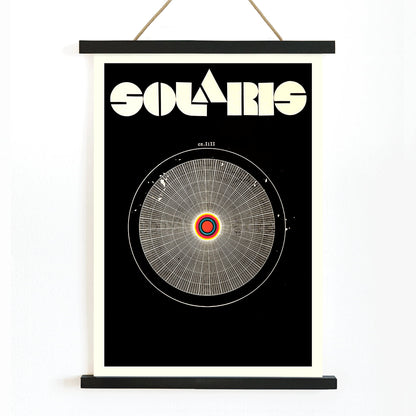 Solaris Movie Poster abstract cosmic and circular design with intricate vibrant patterns on black background by Daniela Narvaez and anonymous artist, with wooden magnetic frame on white background