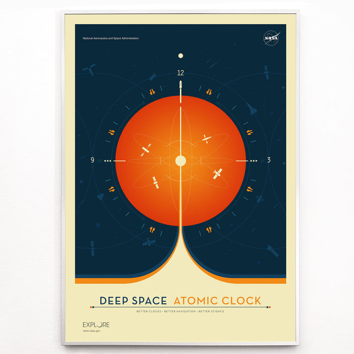Closeup detail of Vibrant orange atomic clock with space elements Deep Space Atomic Clock by NASA modern space artwork