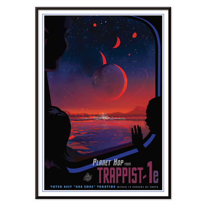 Colorful sci fi poster of TRAPPIST-1e by NASA showing vibrant alien landscape with planets glowing sky and silhouetted figures viewed from a window, with black aluminium frame on white background