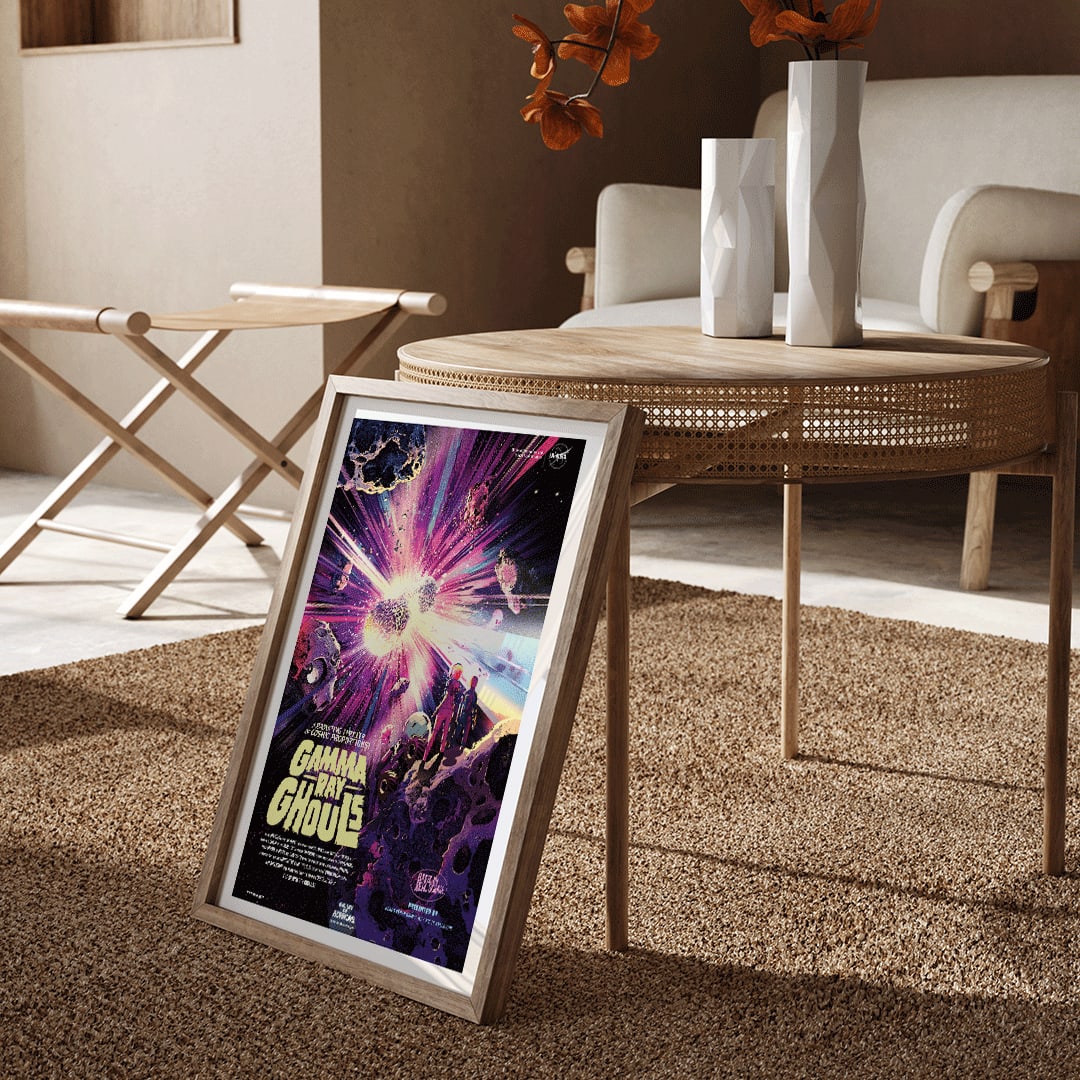 Astronauts and asteroids in vibrant cosmic explosion Gamma Ray Ghouls by NASA space wall art poster, framed and displayed in home decor