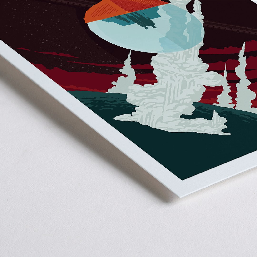 Closeup detail of NASA retro space travel poster of Enceladus with tourists observing geysers and a futuristic space landscape