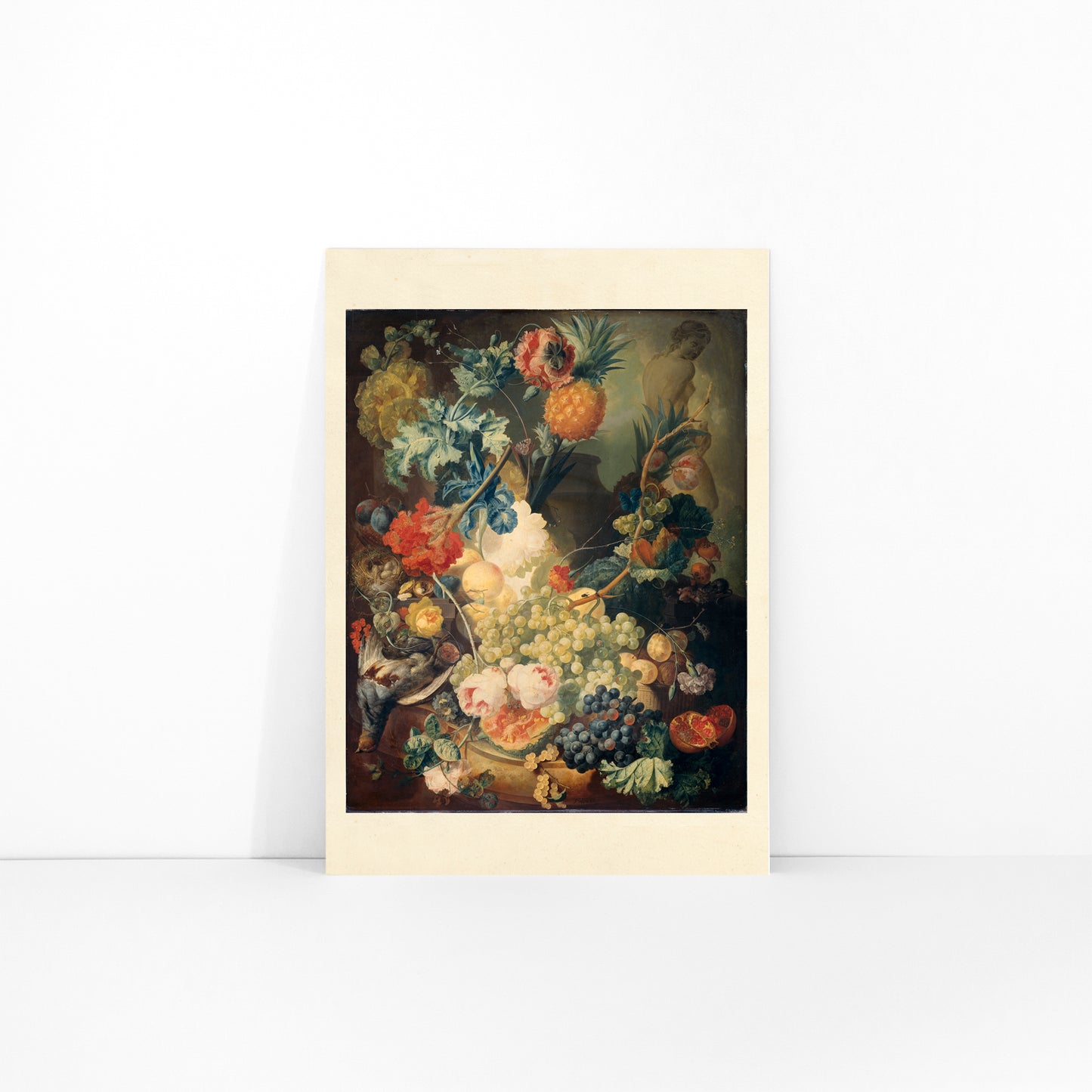 Vibrant flowers fruit and birds in classical artwork Flowers Fruit and Birds by Jan van Os poster still life, framed and displayed in modern living room decor