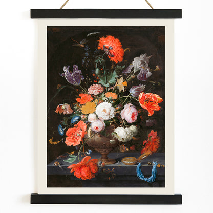 Colorful bouquet of flowers in a vase with a watch vibrant floral arrangement by Abraham Mignon Still Life with Flowers and a Watch poster, with wooden magnetic frame on white background