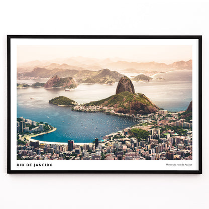 Closeup detail of Aerial view of Rio de Janeiro with beaches buildings boats blue waters and mountains including Morro do Pao de Acucar poster artwork