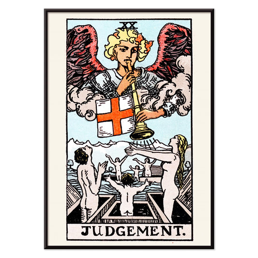 Judgement tarot card by Rider Waite showing an angel with a trumpet and people rising from graves poster, with black aluminium frame on white background