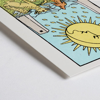 Closeup detail of Tarot The Moon by Rider Waite poster featuring celestial moon two towers two dogs and a crayfish in a mystical landscape