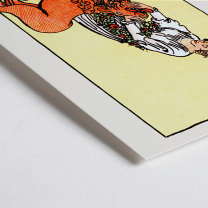 Closeup detail of Tarot Strength card by Rider Waite showing a woman calming a lion with an infinity symbol above her head