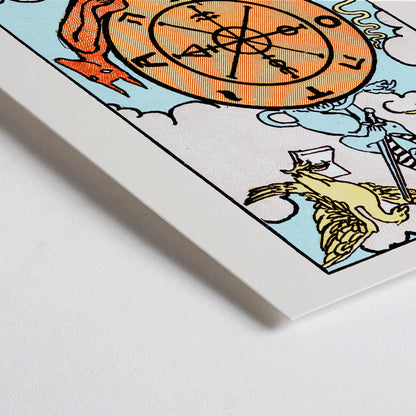 Closeup detail of Tarot The Wheel Of Fortune by Rider Waite featuring a mystical wheel surrounded by mythical creatures poster and card artwork