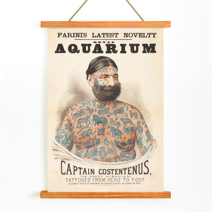 Tattooed man Captain Costentenus the Greek Albanian at The Royal Aquarium vintage poster artwork, with wooden magnetic frame on white background