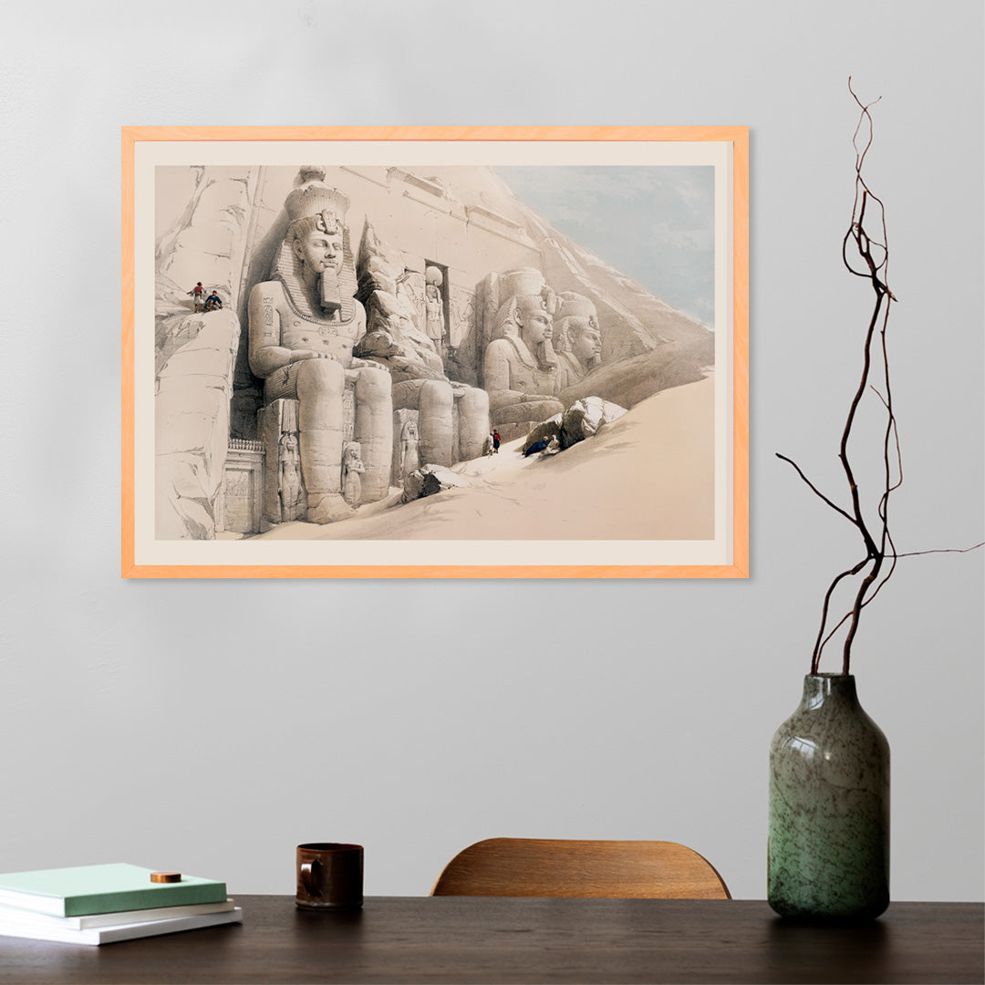 Ancient Egyptian temple with colossal statues at Abu Simbel by David Roberts poster featuring The Great Temple and ancient Egyptian architecture, framed and displayed in home decor