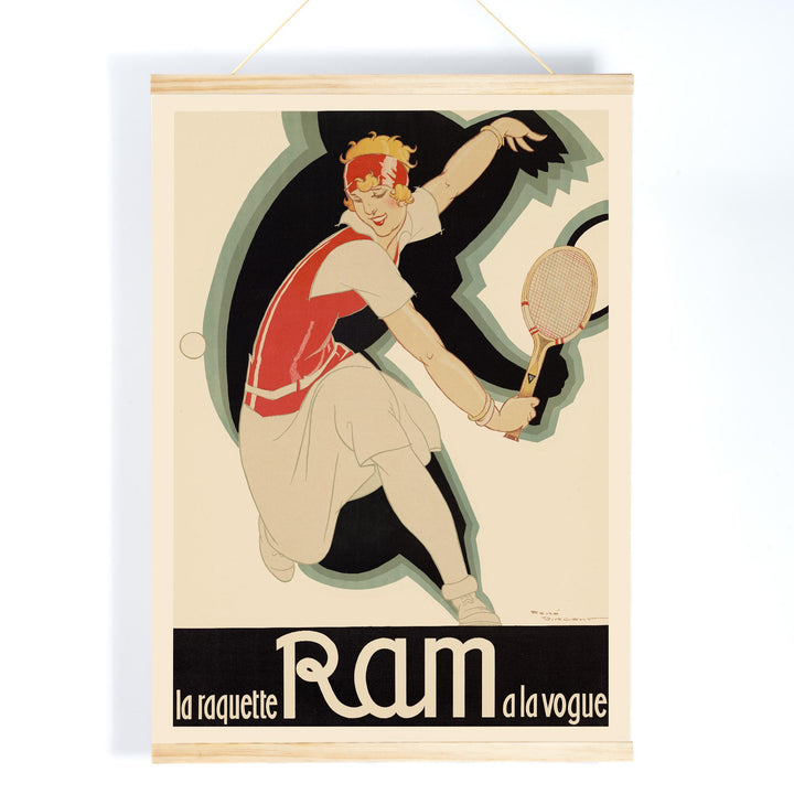René Vincent La raquette Ram a la vogue vintage poster featuring a tennis player with racquet in red and cream, with wooden magnetic frame on white background