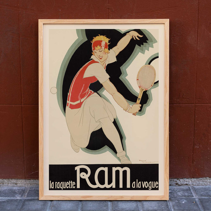 René Vincent La raquette Ram a la vogue vintage poster featuring a tennis player with racquet in red and cream, framed and displayed in home decor