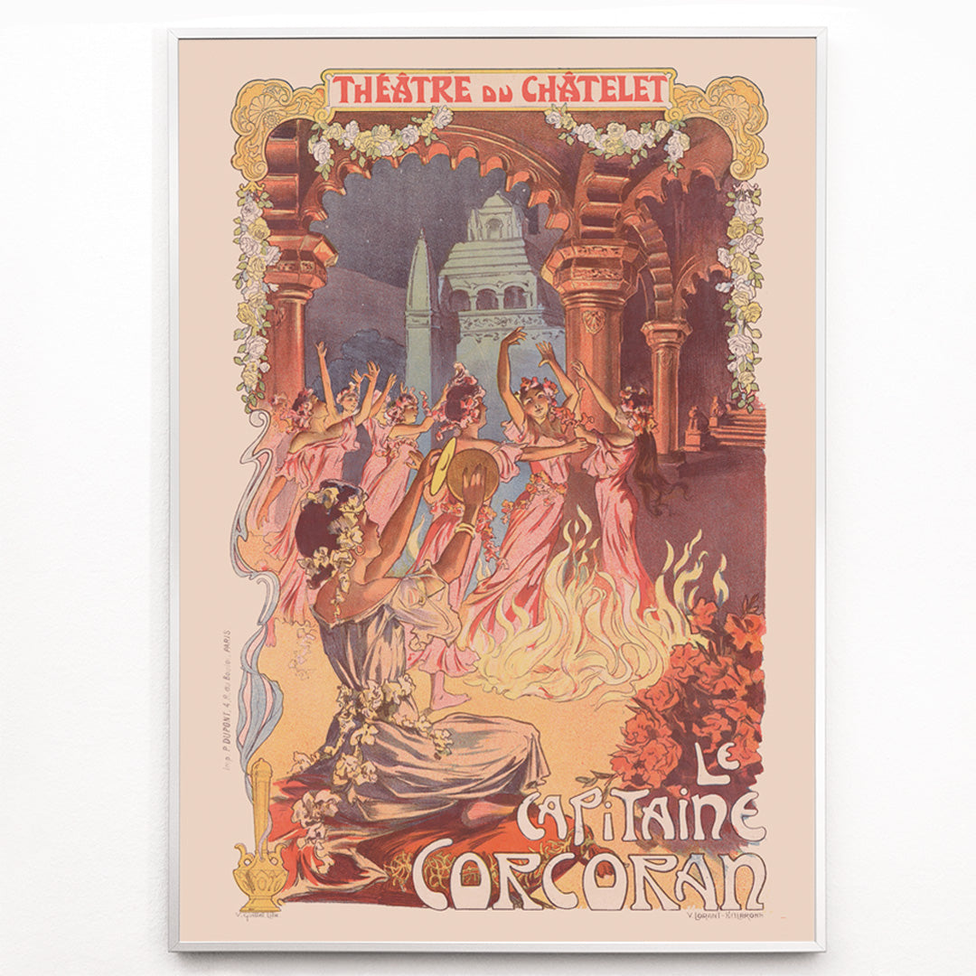 Closeup detail of Vintage theater poster women dancing around a fire with floral decorations by Vincent Lorant-Heilbronn for Le Capitaine Corcoran at Théâtre du Châtelet