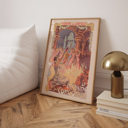 Vintage theater poster women dancing around a fire with floral decorations by Vincent Lorant-Heilbronn for Le Capitaine Corcoran at Théâtre du Châtelet, framed and displayed in home decor