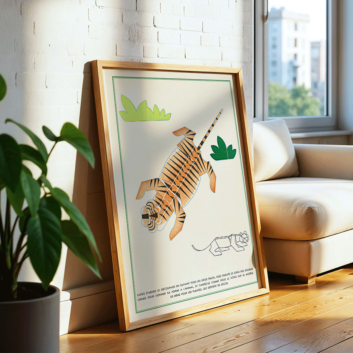 Geometric illustration poster of a tiger with plants in La Jungle chez moi Pl 08 by Turenne Chevallereau, framed and displayed in home decor