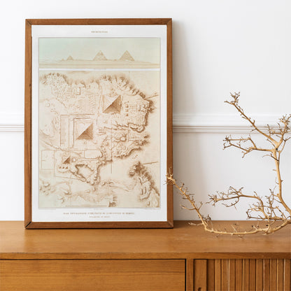 Topographic map of the Giza pyramids and Memphite Necropolis by Emile Prisse dAvennes from Histoire de lart egyptien, framed and displayed in home decor