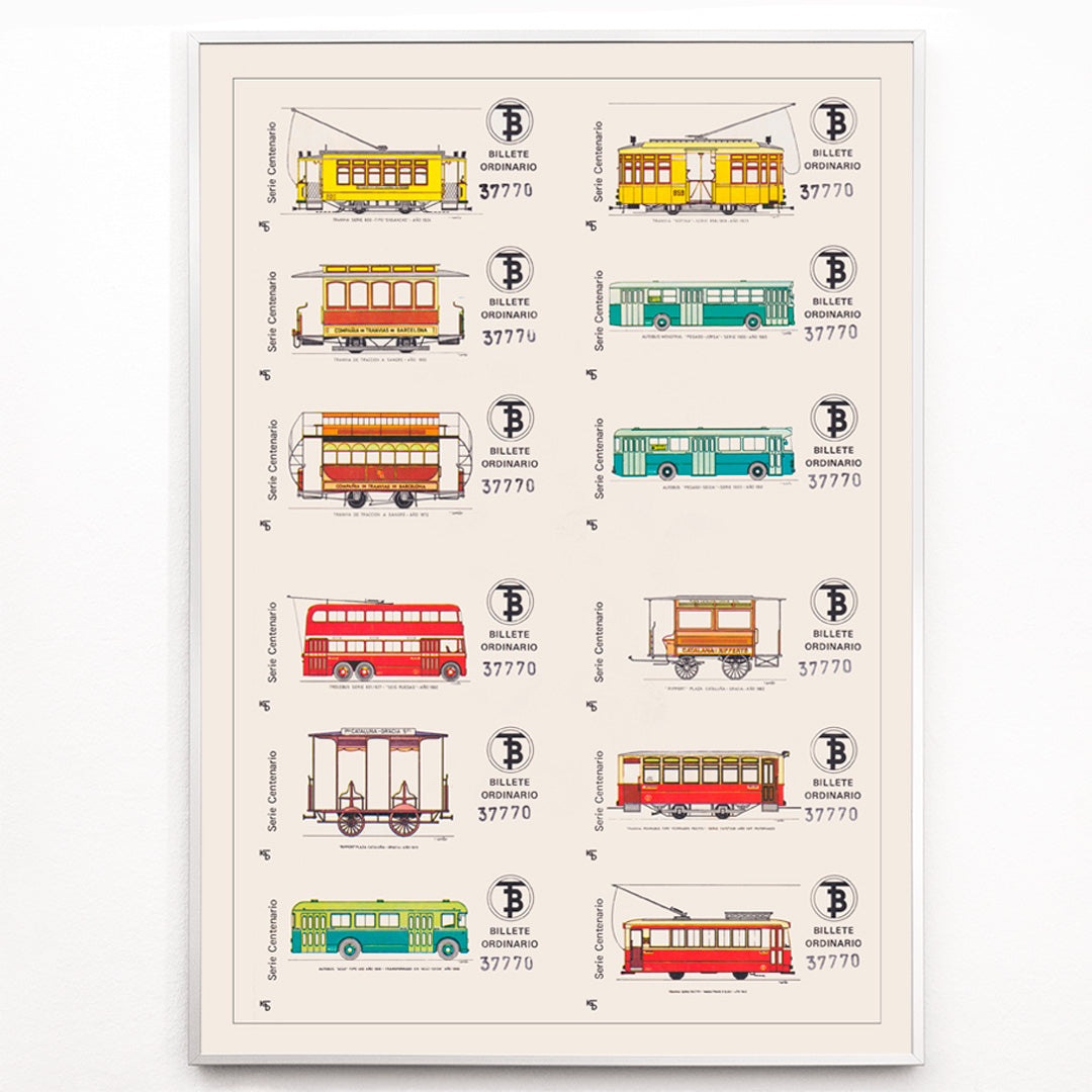 Closeup detail of Vintage Barcelona bus and tram tickets poster with colorful illustrations from Compania de Tranvia de Barcelona Billetes de Bus de Barcelona