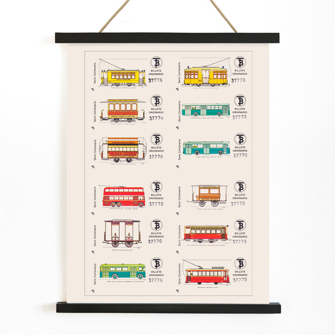 Vintage Barcelona bus and tram tickets poster with colorful illustrations from Compania de Tranvia de Barcelona Billetes de Bus de Barcelona, with wooden magnetic frame on white background
