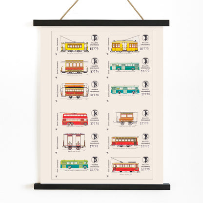 Vintage Barcelona bus and tram tickets poster with colorful illustrations from Compania de Tranvia de Barcelona Billetes de Bus de Barcelona, with wooden magnetic frame on white background