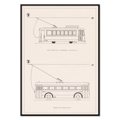 Technical drawings poster of tram Tranvia Serie 701 712 and trolleybus Trolebus Serie 550 589 by Maquitrans, with black aluminium frame on white background