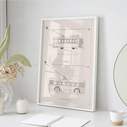 Technical drawings poster of tram Tranvia Serie 701 712 and trolleybus Trolebus Serie 550 589 by Maquitrans, framed and displayed in home decor