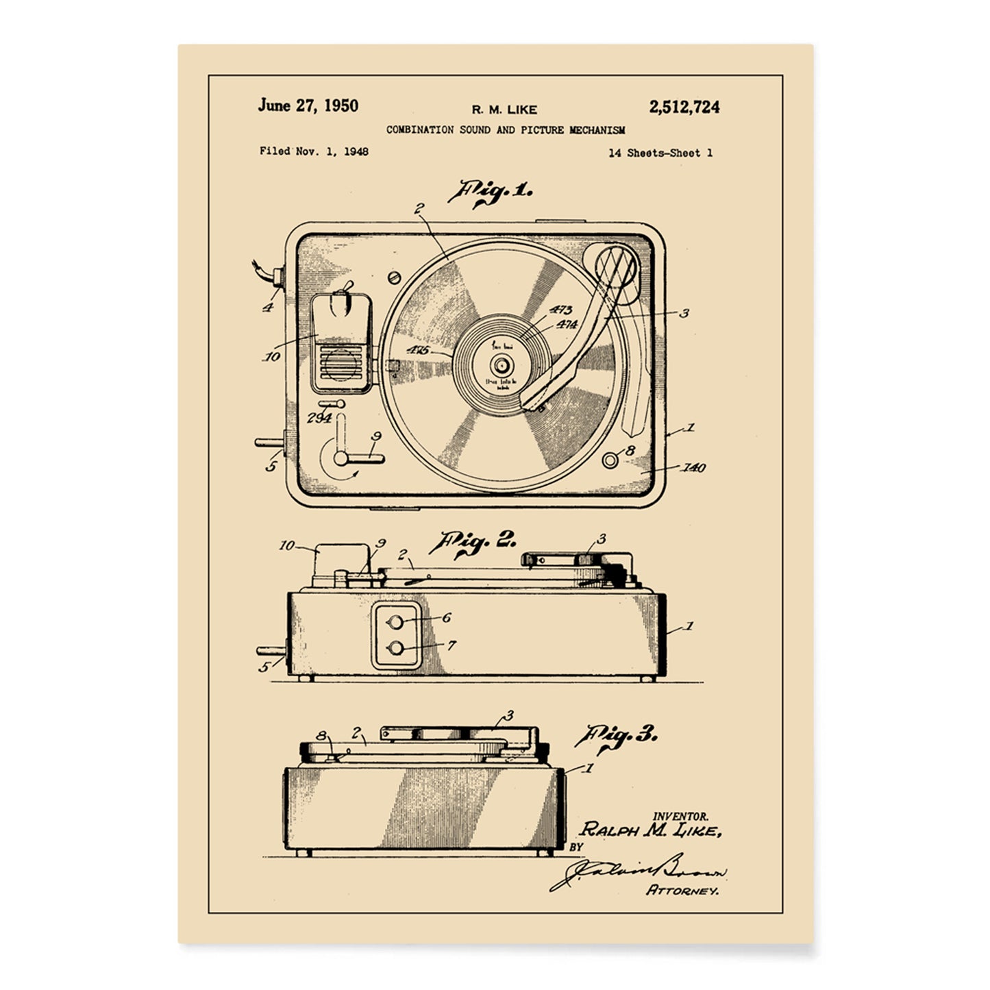 Vintage turntable patent illustration and technical drawing poster by R M Like ideal music lover decor, with black aluminium frame on white background