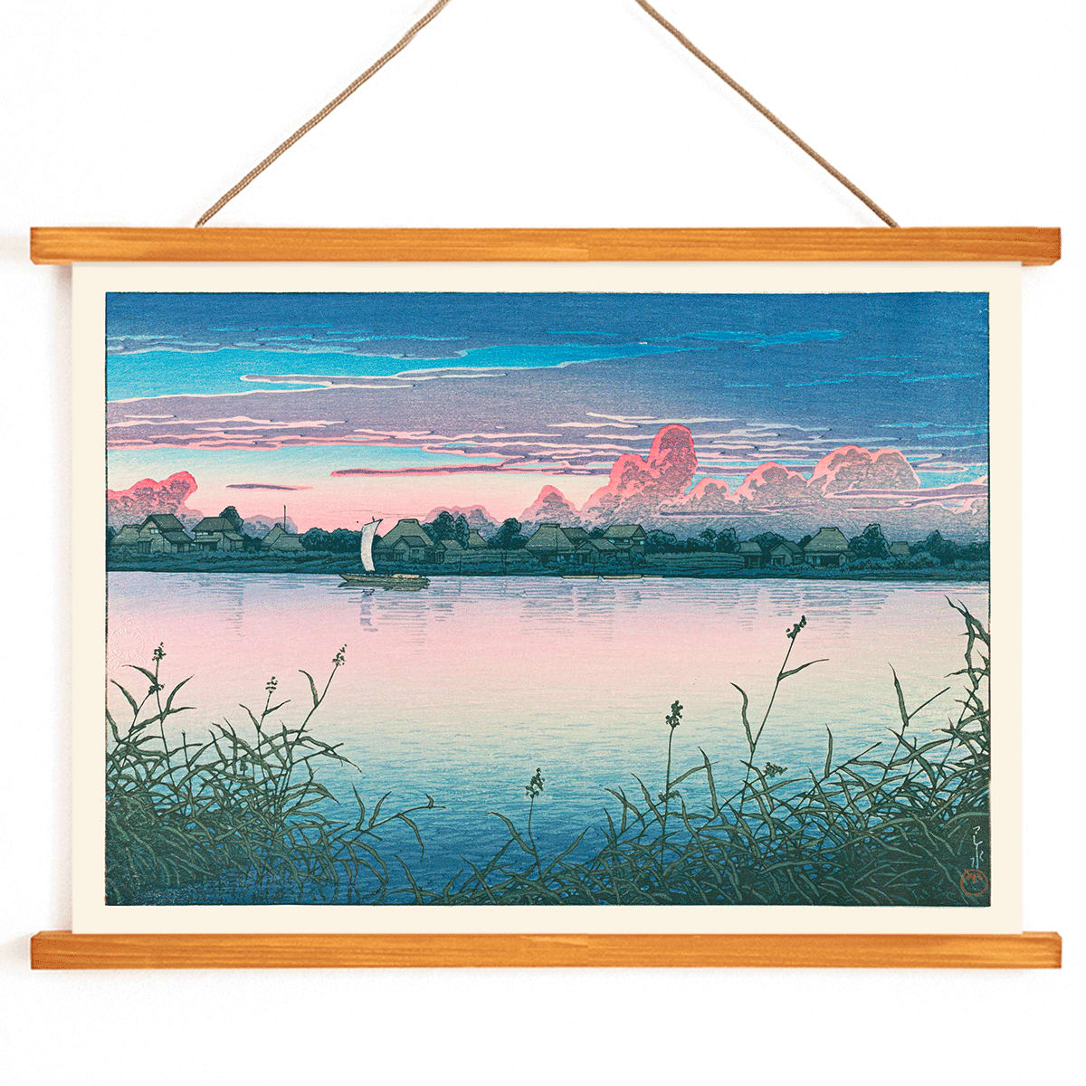 Early Autumn in Urayasu by Kawase Hasui peaceful lakeside village poster with serene waterfront houses boat and colorful sky, with wooden magnetic frame on white background