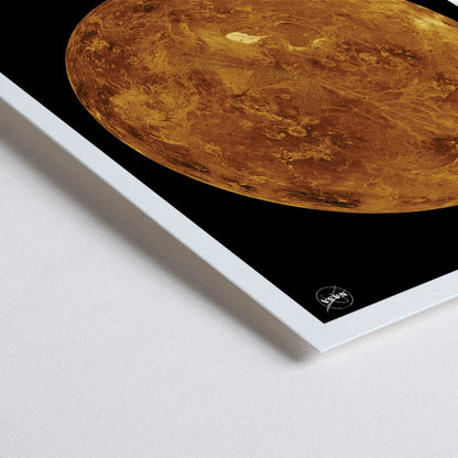 Closeup detail of Planet Venus illustration and poster by NASA showing a detailed orange and brown view of the planet on a black background
