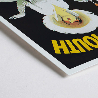 Closeup detail of Vermouth Martini by Marcello Dudovich vintage poster art featuring an elegant woman in white holding a glass against a black background