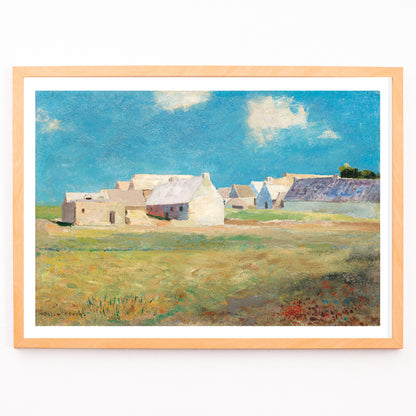 Closeup detail of Breton Village by Odilon Redon rural landscape poster with houses blue sky and open grassy fields